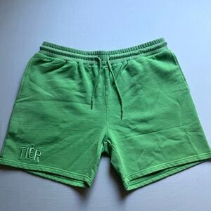 TIER green knit terry cotton logo embroidered elastic waist casual shorts